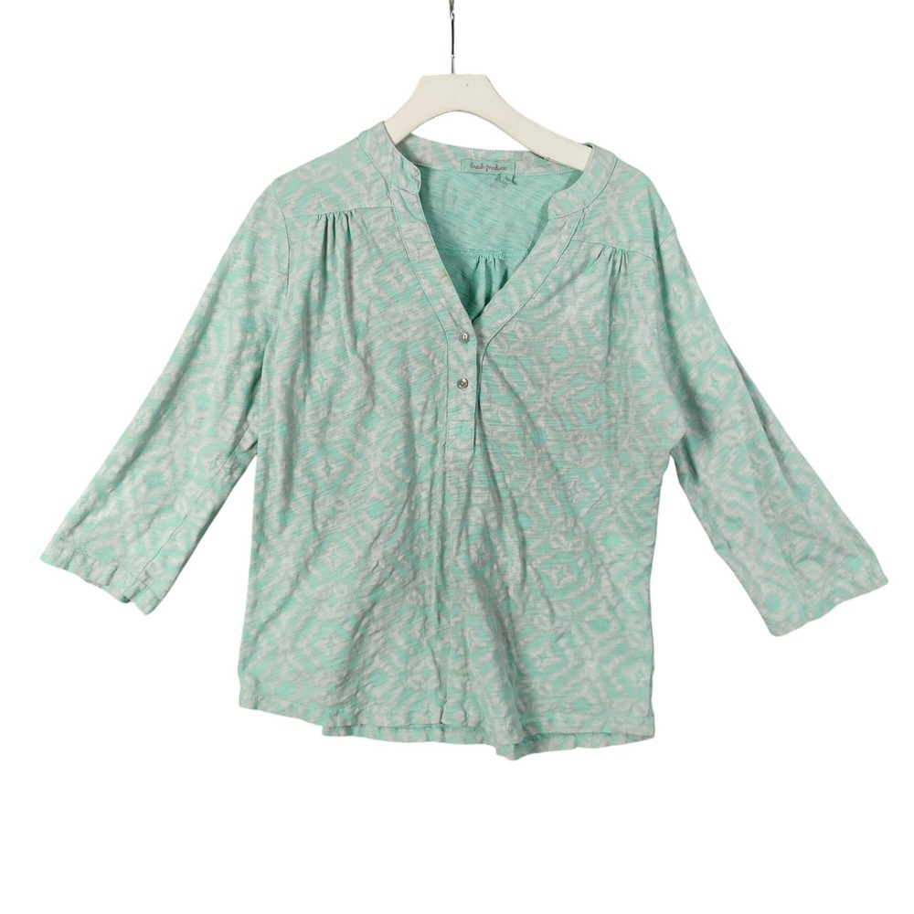 Fresh Produce Womens Coastal Preppy Beachy VNeck L Top 3/4 Sleeve Mint Green